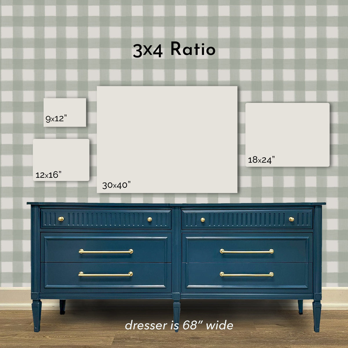 Size guide for Green Apples art print in the 3x4 ratio, shown above real furniture