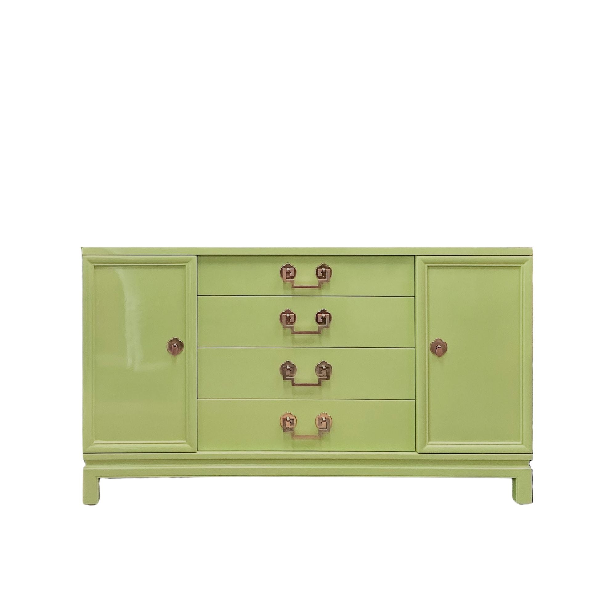 Professional Restoration Buffet Stem Green Finish Vintage Chinoiserie Design High Gloss Lacquer Treatment Rosy Copper Hardware Storage Solution Premium Construction Quality Four Drawer System Side Cabinets Luxury Living Space Essential