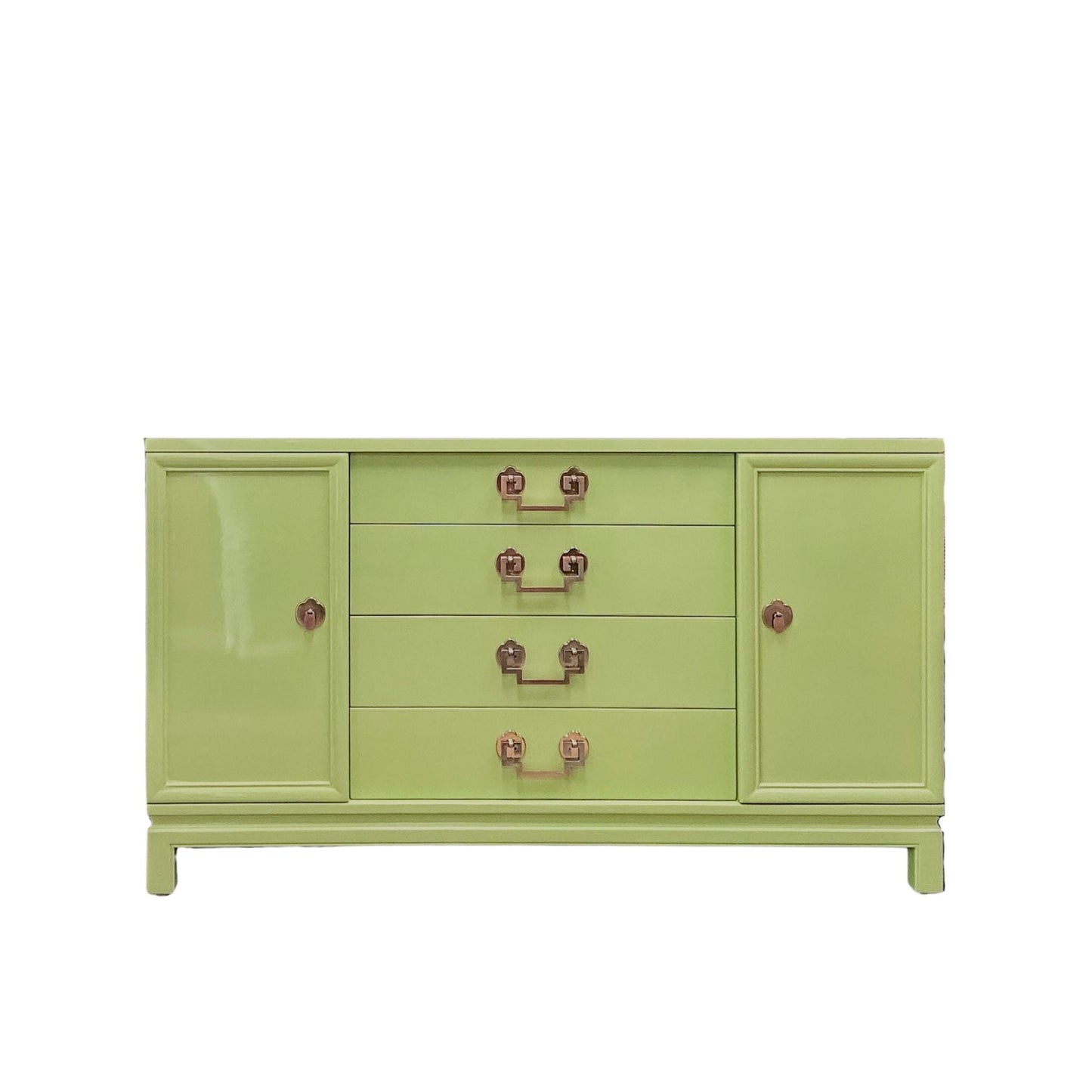 Professional Restoration Buffet Stem Green Finish Vintage Chinoiserie Design High Gloss Lacquer Treatment Rosy Copper Hardware Storage Solution Premium Construction Quality Four Drawer System Side Cabinets Luxury Living Space Essential