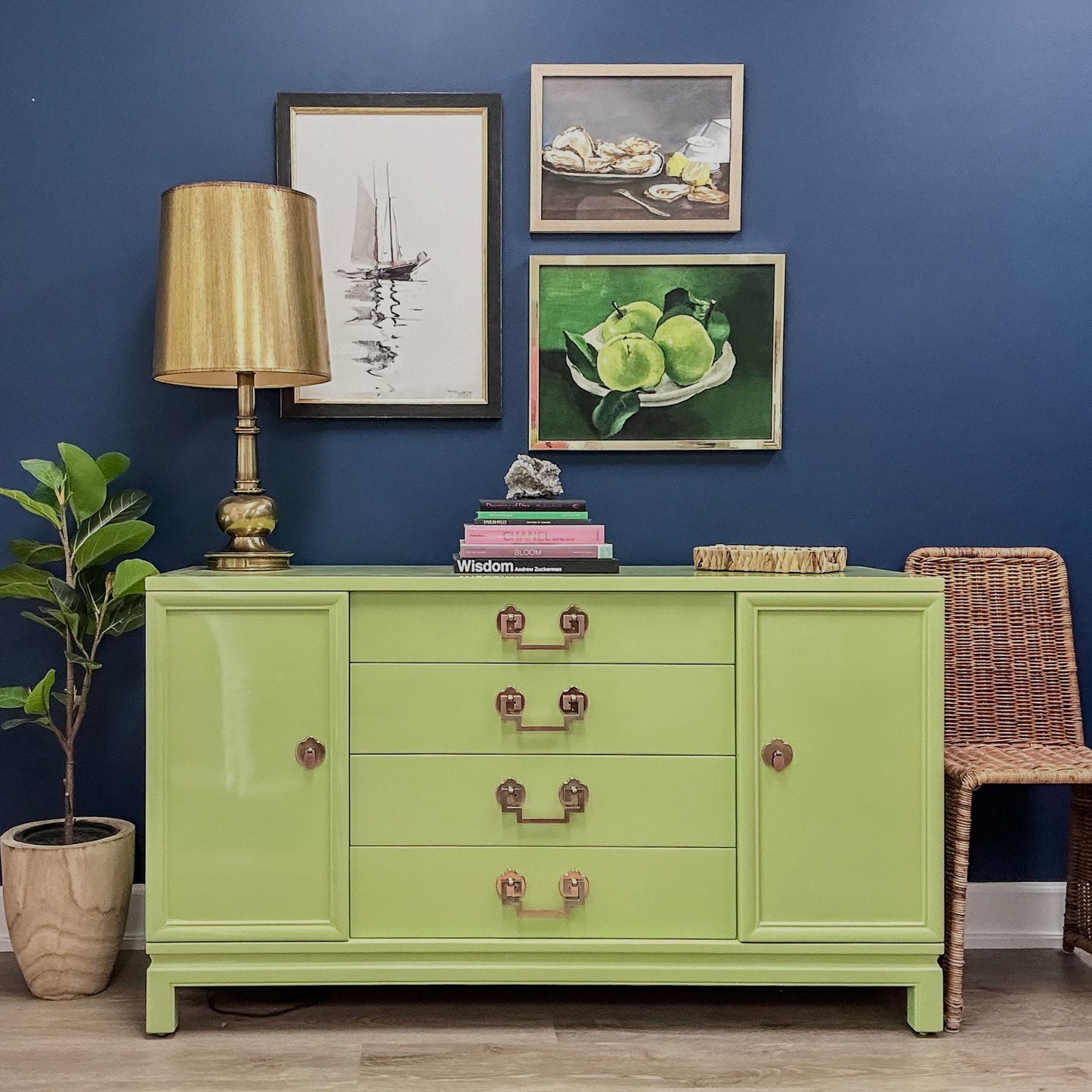 Professional Restoration Buffet Stem Green Finish Vintage Chinoiserie Design High Gloss Lacquer Treatment Rosy Copper Hardware Storage Solution Premium Construction Quality Four Drawer System Side Cabinets Luxury Living Space Essential