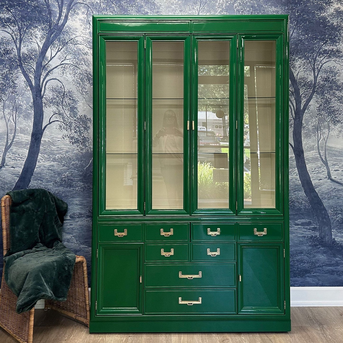 Delaney / China Cabinets & Hutches lacquered green high gloss finish. Custom lacquer services. - Casey Grace Studio, LLC