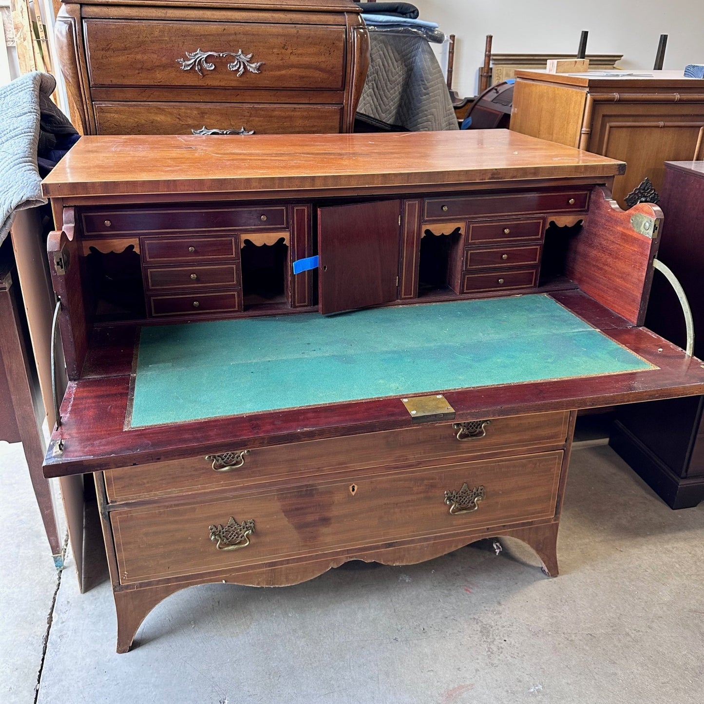 Vintage secretary cabinet with flip-down writing desk and lower storage, mid-century Asian design, refinished in high-gloss lacquer.