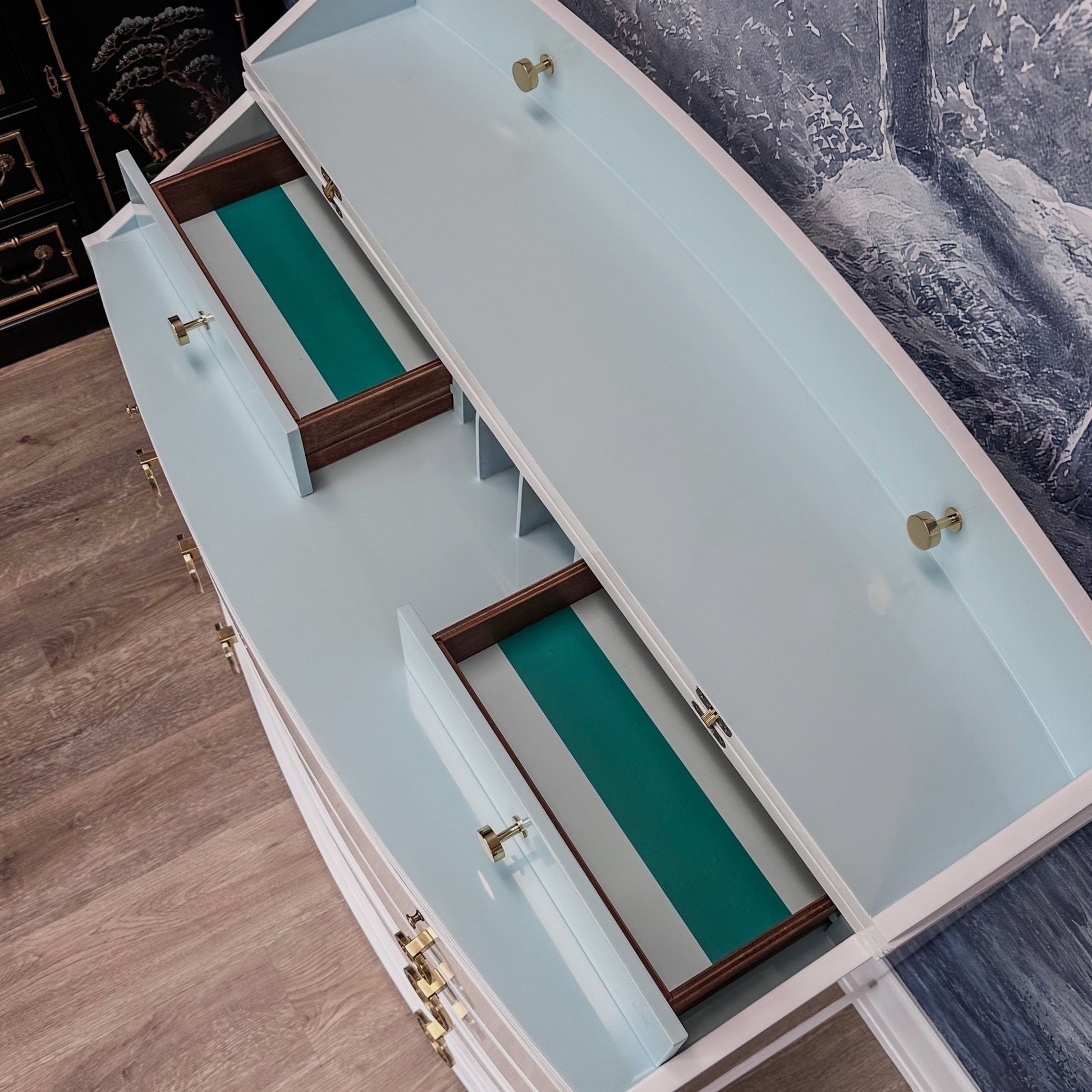 Freya / Desks lacquered in a high gloss white finish with contrast mint interior and mint/green drawer lining. Custom lacquer finishing services available. - Casey Grace Studio, LLC