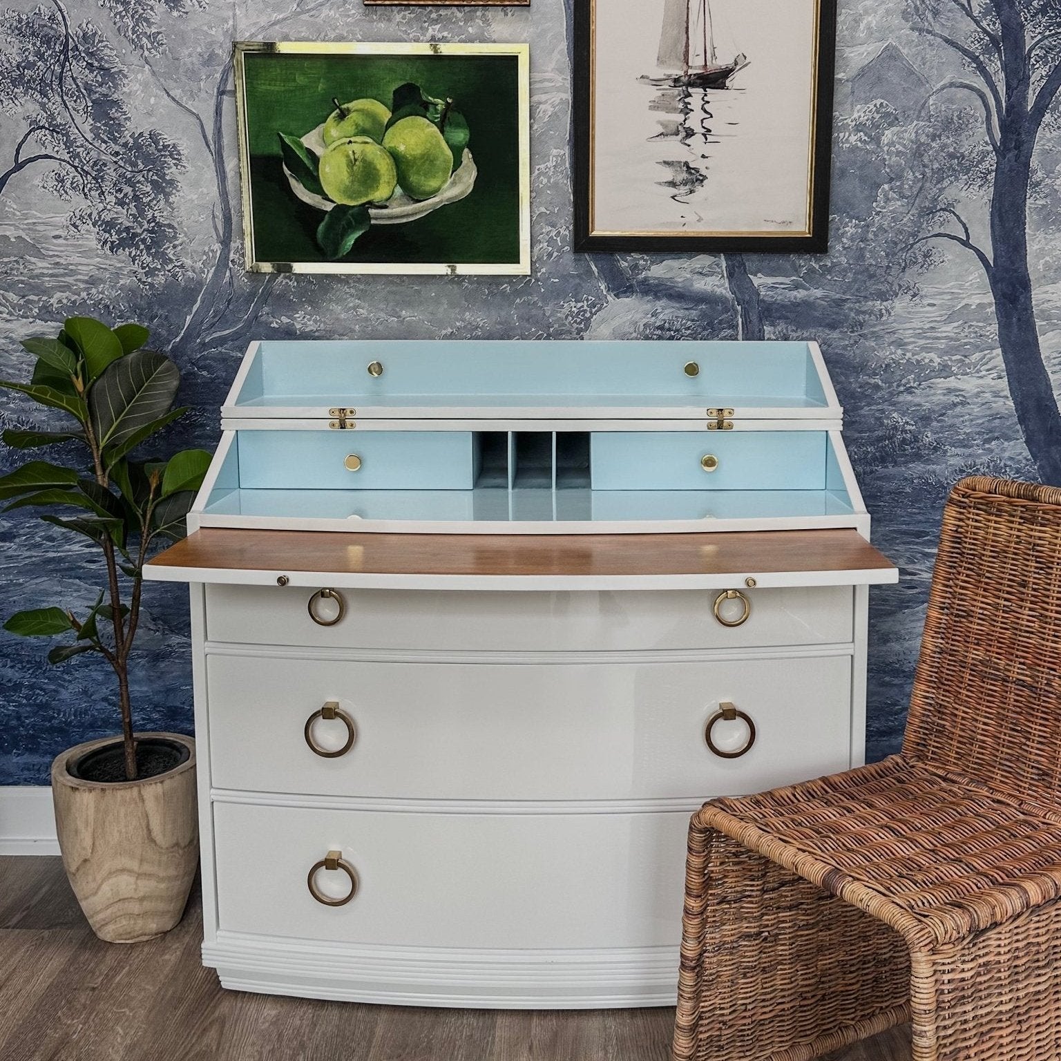 Freya / Desks lacquered in a high gloss white finish with contrast mint interior and mint/green drawer lining. Custom lacquer finishing services available. - Casey Grace Studio, LLC