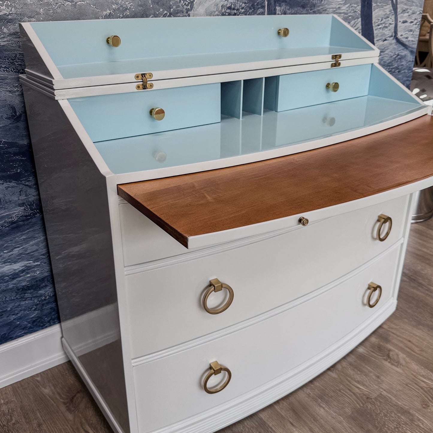 Freya / Desks lacquered in a high gloss white finish with contrast mint interior and mint/green drawer lining. Custom lacquer finishing services available. - Casey Grace Studio, LLC