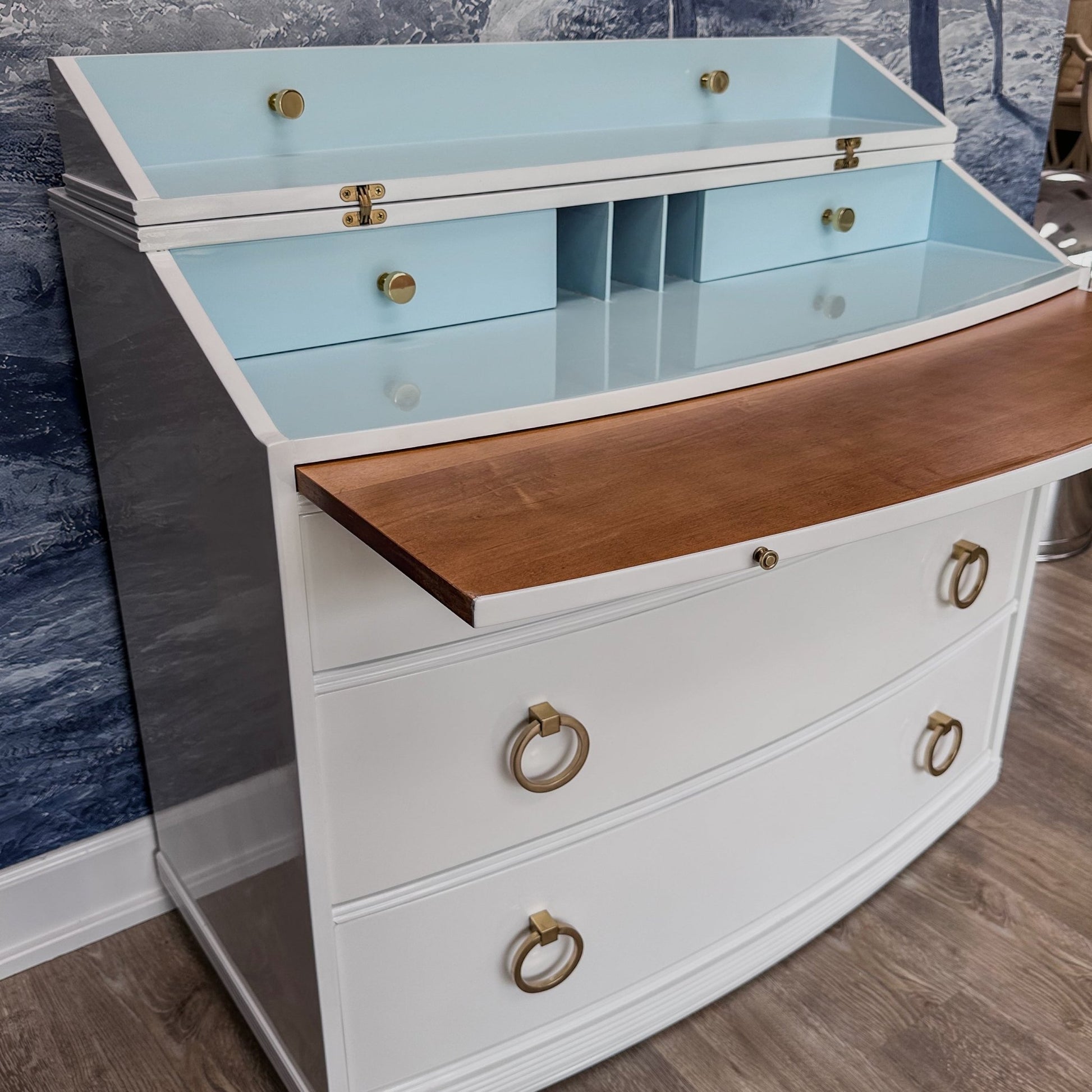 Freya / Desks lacquered in a high gloss white finish with contrast mint interior and mint/green drawer lining. Custom lacquer finishing services available. - Casey Grace Studio, LLC