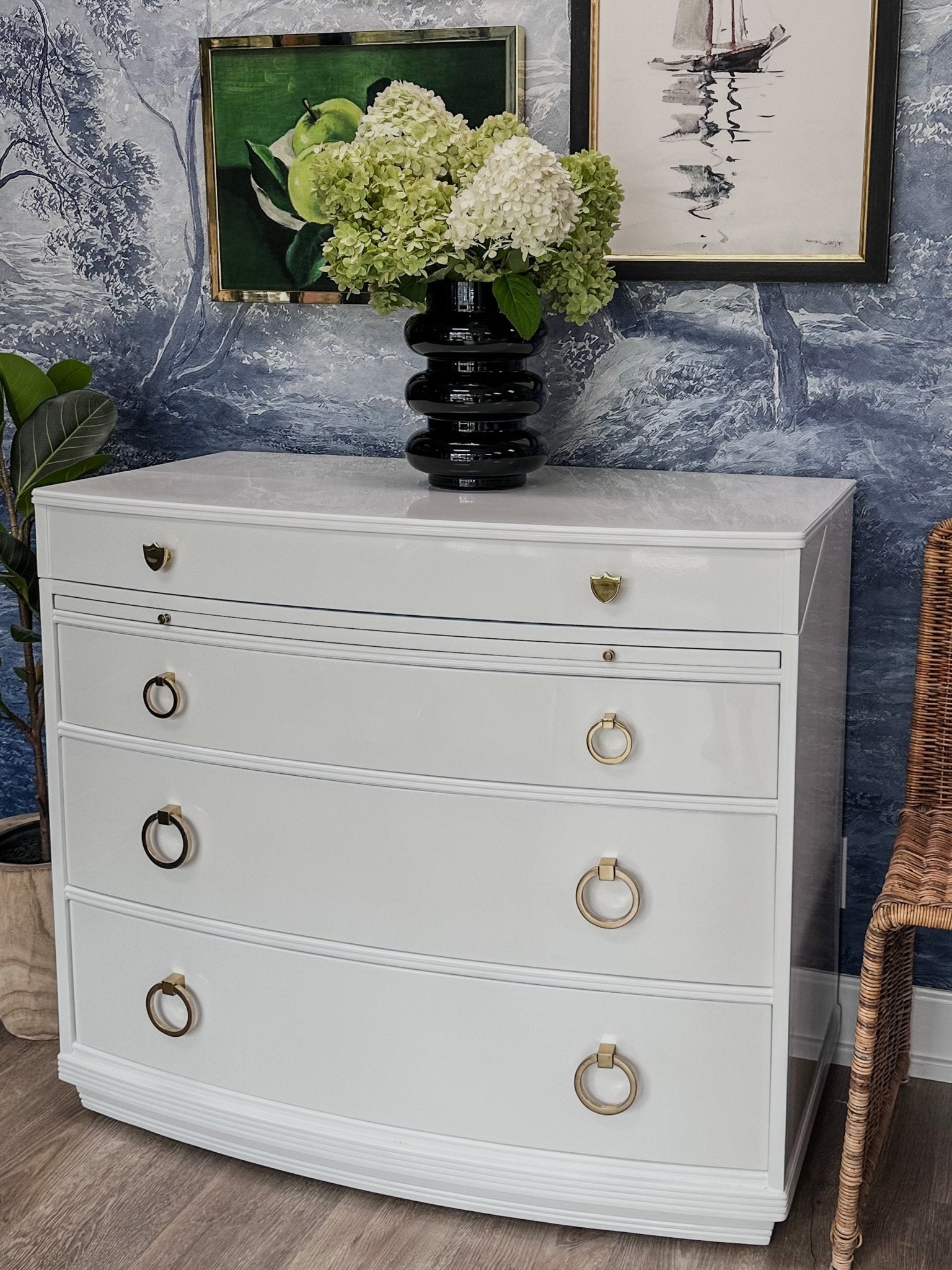 Freya / Desks lacquered in a high gloss white finish with contrast mint interior and mint/green drawer lining. Custom lacquer finishing services available. - Casey Grace Studio, LLC