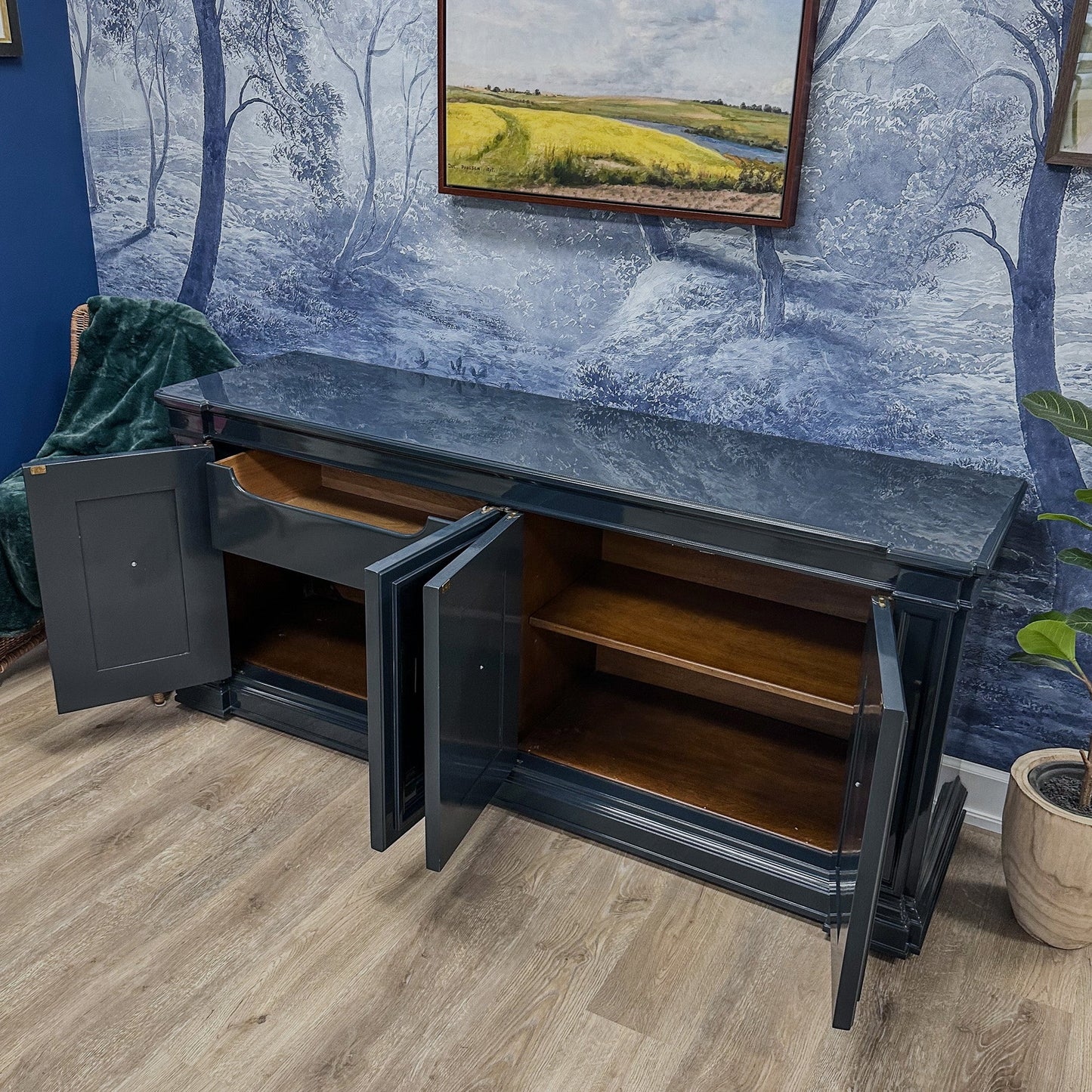 Vintage lacquered furniture, vintage home decor, maximalist home design inspiration, original and print art collections
