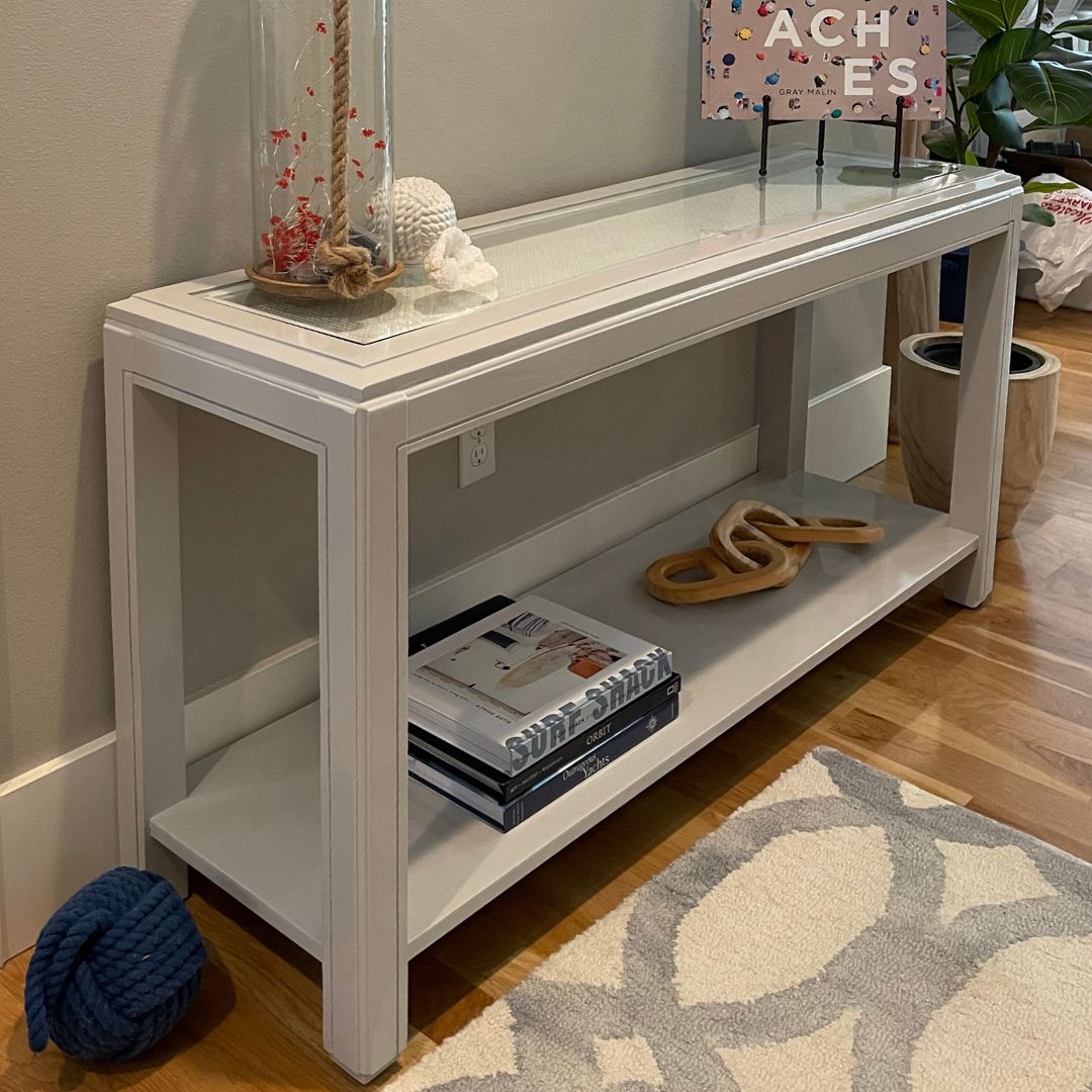 painted furniture, high gloss furniture, grey painted entryway table, cane boho table, lacquered furniture, upcycled entryway table, hallway table, drexel table, thomasville table