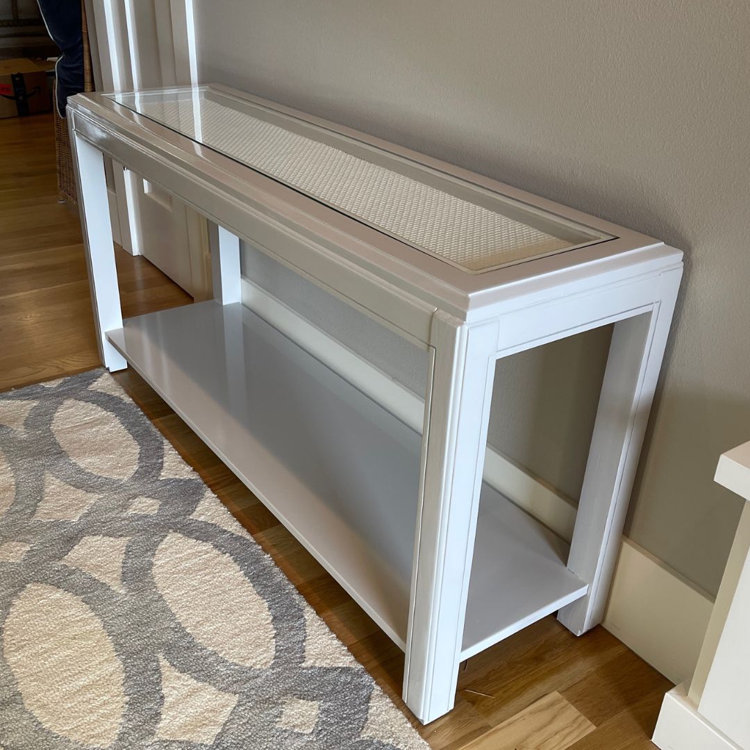 painted furniture, high gloss furniture, grey painted entryway table, cane boho table, lacquered furniture, upcycled entryway table, hallway table, drexel table, thomasville table