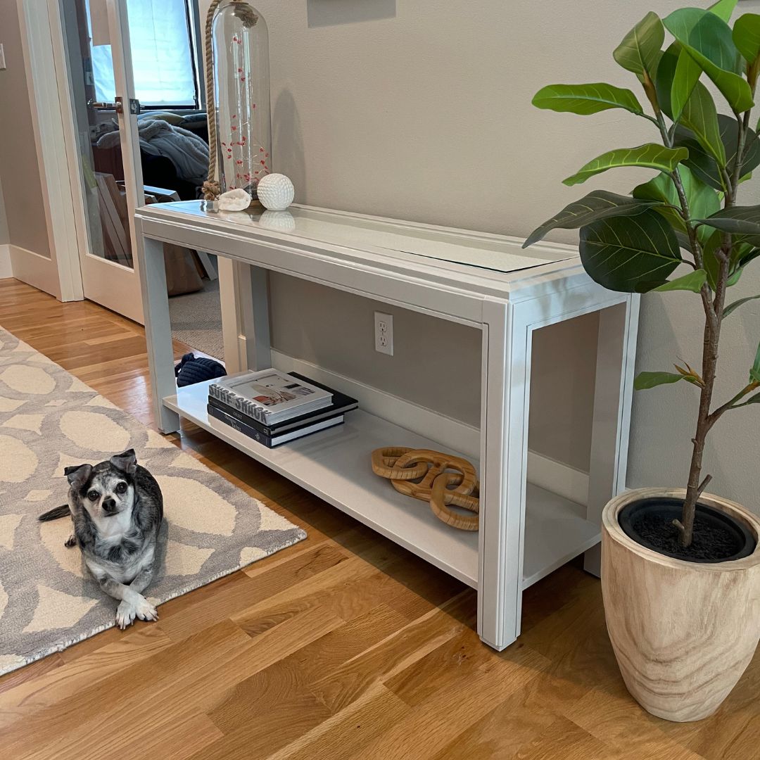 painted furniture, high gloss furniture, grey painted entryway table, cane boho table, lacquered furniture, upcycled entryway table, hallway table, drexel table, thomasville table