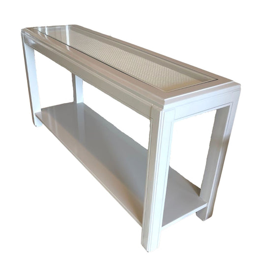 painted furniture, high gloss furniture, grey painted entryway table, cane boho table, lacquered furniture, upcycled entryway table, hallway table, drexel table, thomasville table