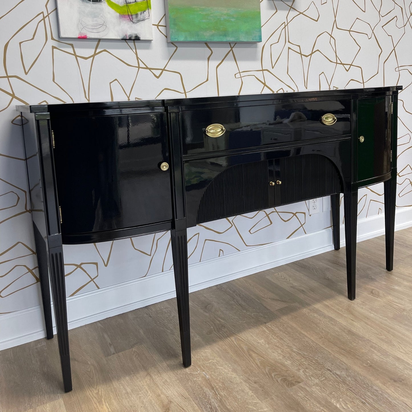 Vintage buffet refinished in high gloss lacquer. Barbara retains it's original brass hardware. Stunning sideboard or buffet ready for your next event. Casey Grace Studio, LLC