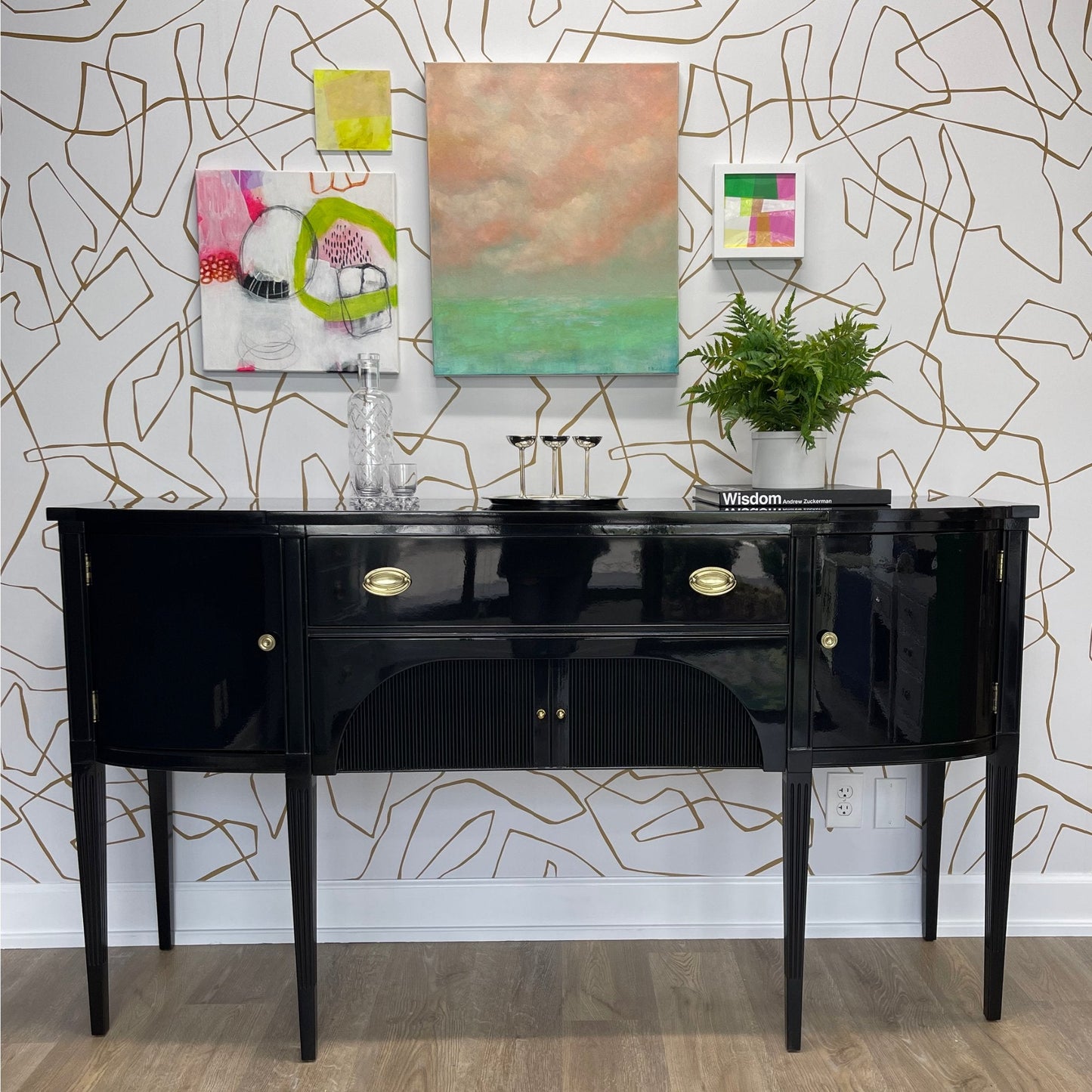 Vintage buffet refinished in high gloss lacquer. Barbara retains it's original brass hardware. Stunning sideboard or buffet ready for your next event. Casey Grace Studio, LLC