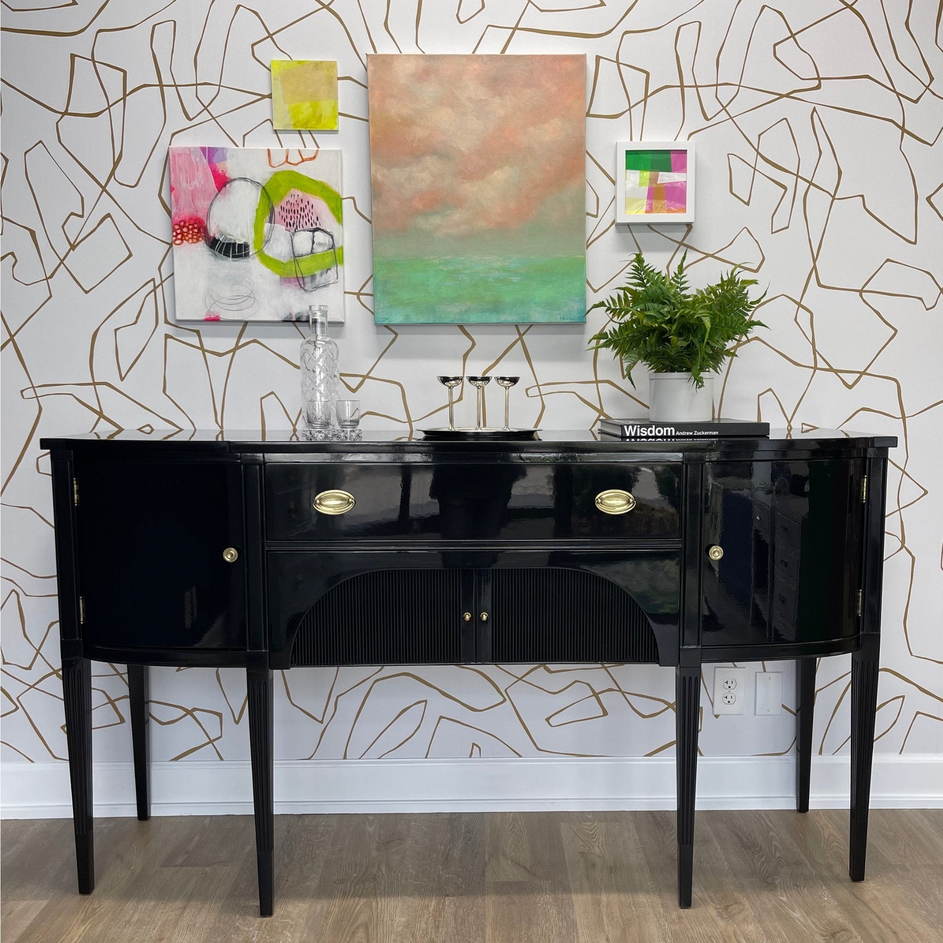 Vintage buffet refinished in high gloss lacquer. Barbara retains it's original brass hardware. Stunning sideboard or buffet ready for your next event. Casey Grace Studio, LLC