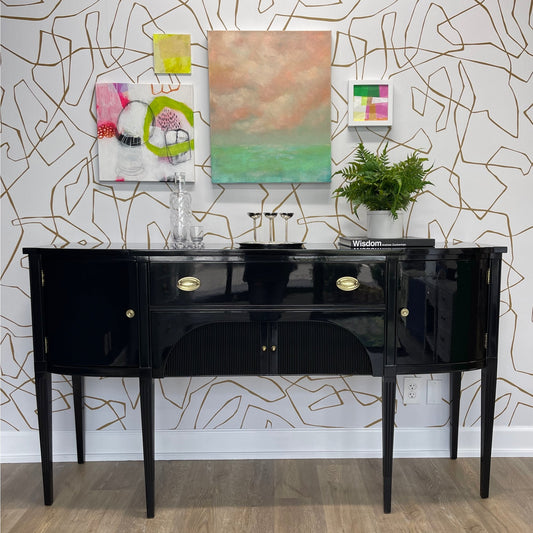 Vintage buffet refinished in high gloss lacquer. Barbara retains it's original brass hardware. Stunning sideboard or buffet ready for your next event. Casey Grace Studio, LLC