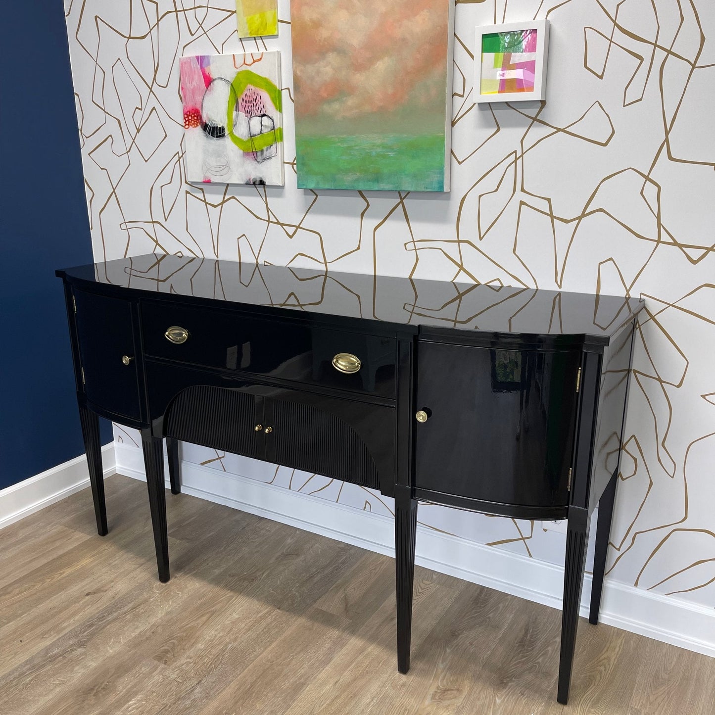Vintage buffet refinished in high gloss lacquer. Barbara retains it's original brass hardware. Stunning sideboard or buffet ready for your next event. Casey Grace Studio, LLC