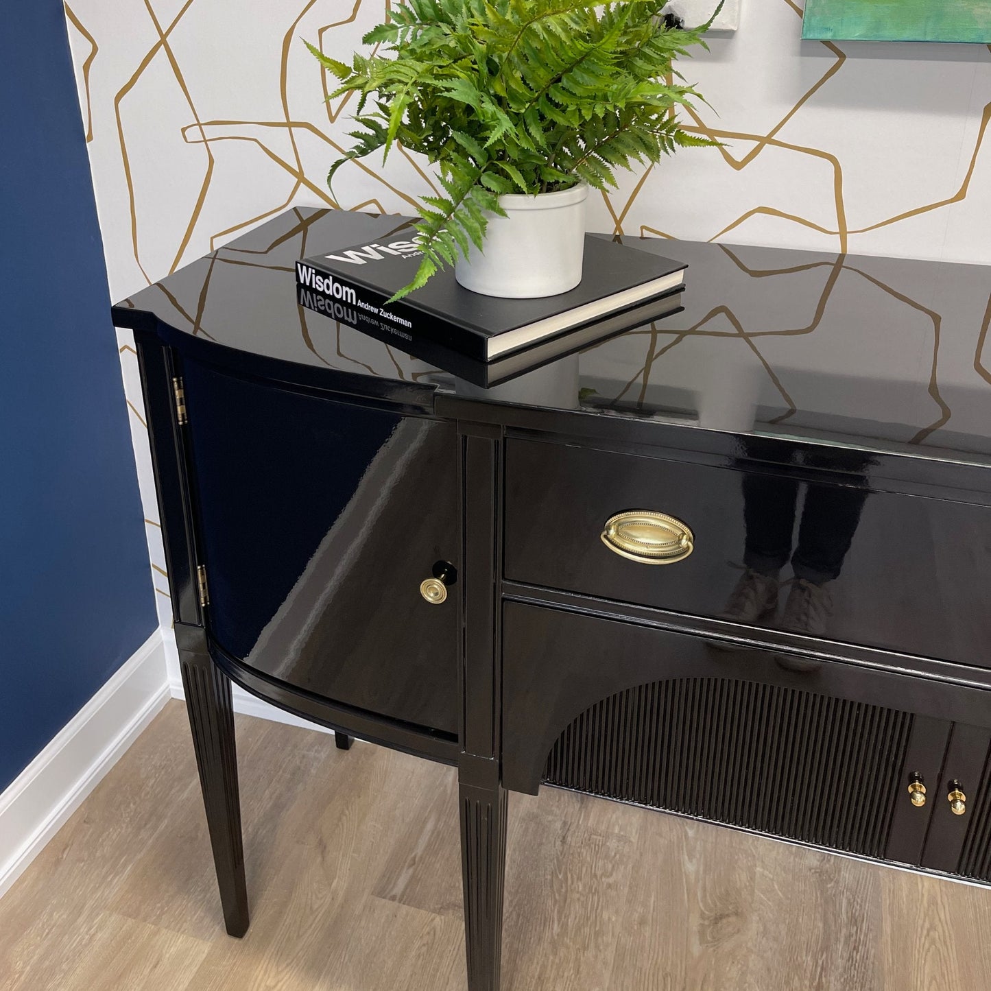 Vintage buffet refinished in high gloss lacquer. Barbara retains it's original brass hardware. Stunning sideboard or buffet ready for your next event. Casey Grace Studio, LLC