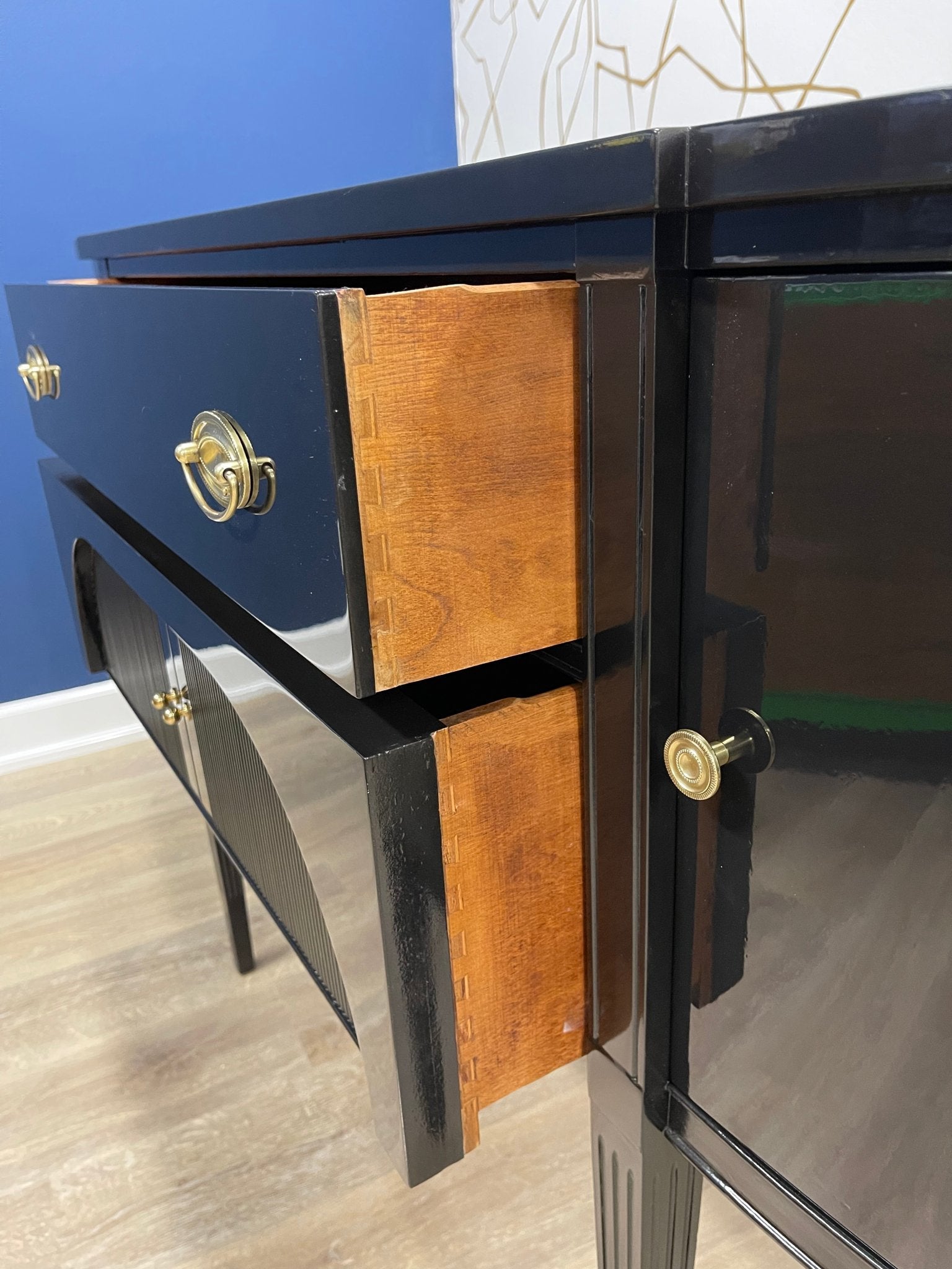 Vintage buffet refinished in high gloss lacquer. Barbara retains it's original brass hardware. Stunning sideboard or buffet ready for your next event. Casey Grace Studio, LLC