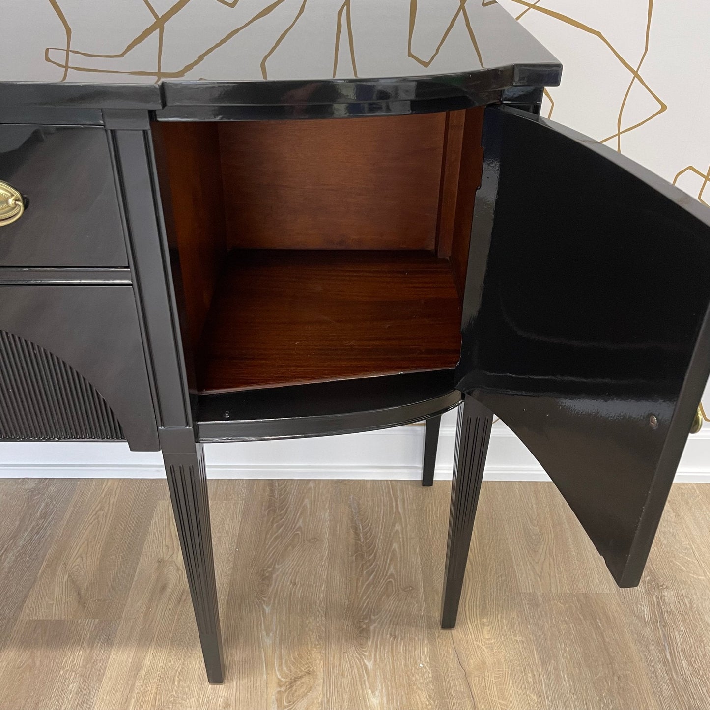 Vintage buffet refinished in high gloss lacquer. Barbara retains it's original brass hardware. Stunning sideboard or buffet ready for your next event. Casey Grace Studio, LLC