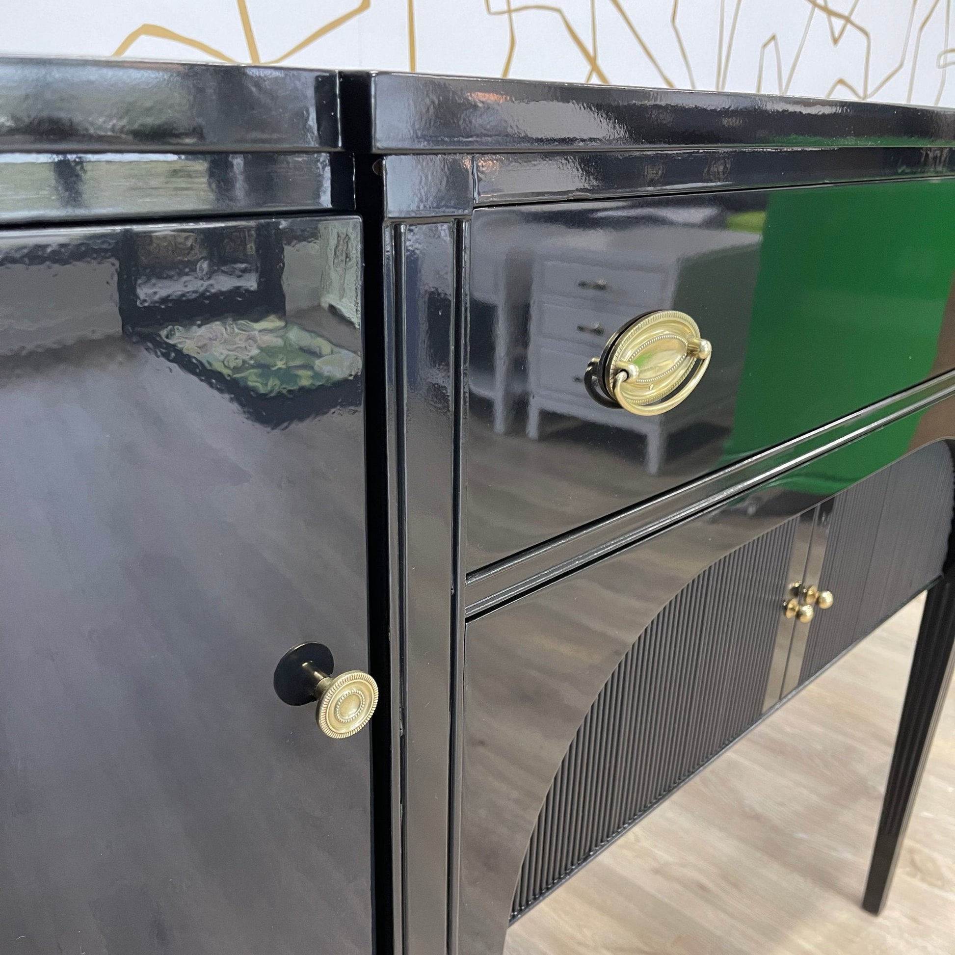 Vintage buffet refinished in high gloss lacquer. Barbara retains it's original brass hardware. Stunning sideboard or buffet ready for your next event. Casey Grace Studio, LLC