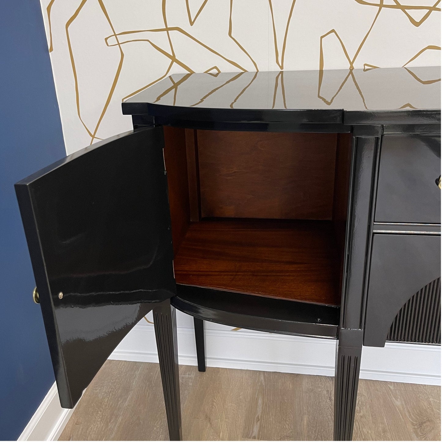 Vintage buffet refinished in high gloss lacquer. Barbara retains it's original brass hardware. Stunning sideboard or buffet ready for your next event. Casey Grace Studio, LLC