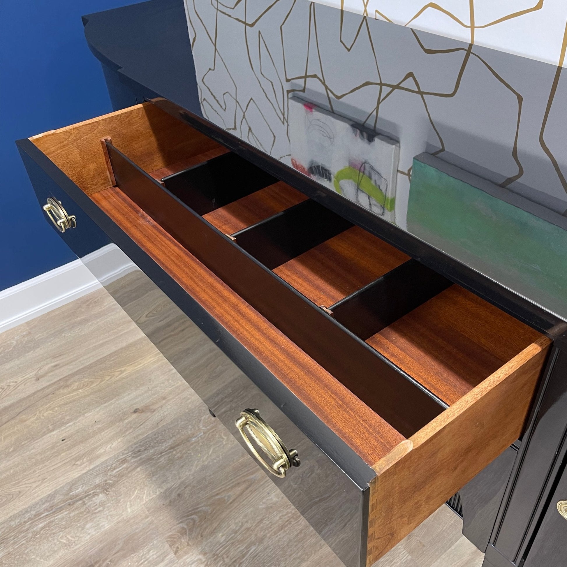 Vintage buffet refinished in high gloss lacquer. Barbara retains it's original brass hardware. Stunning sideboard or buffet ready for your next event. Casey Grace Studio, LLC