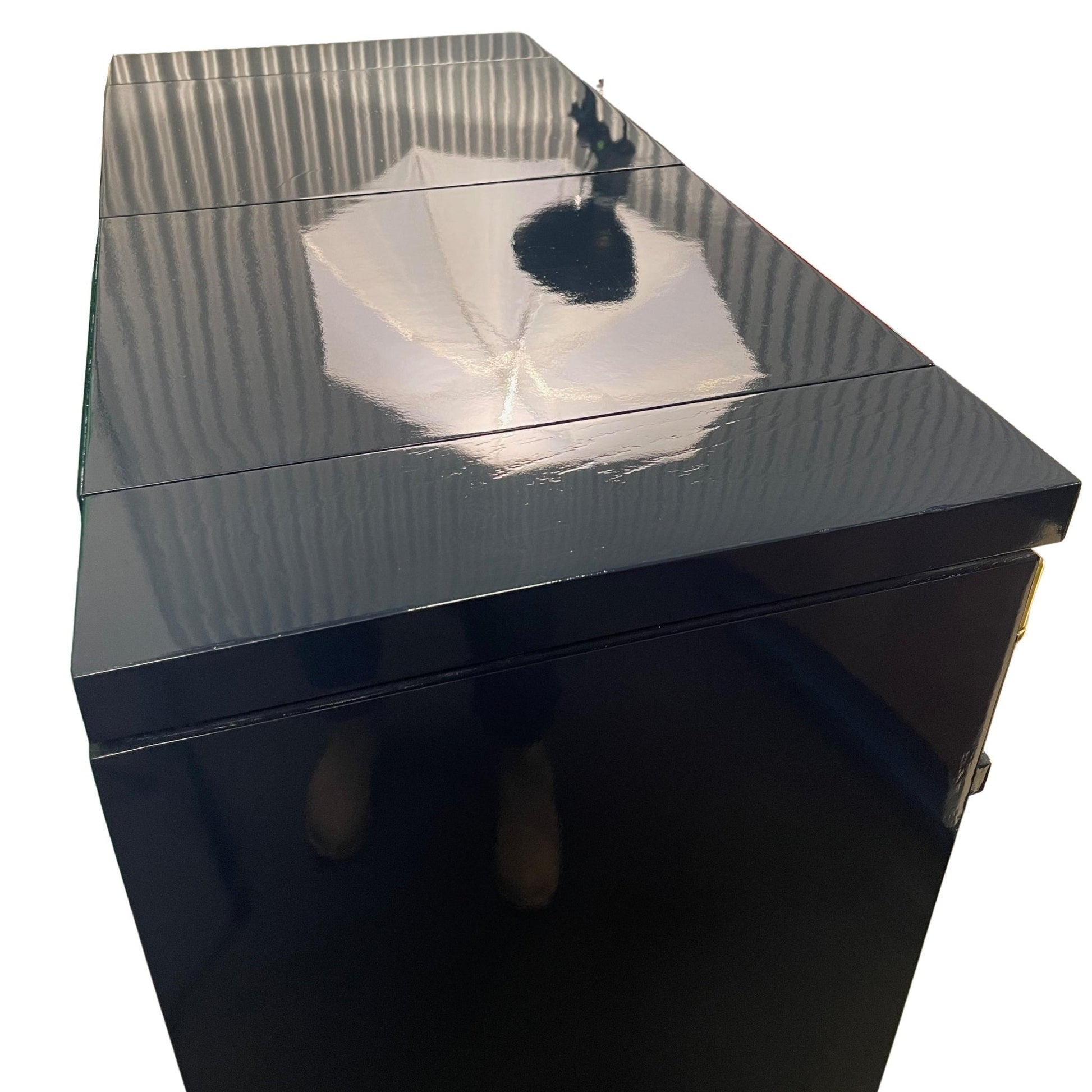 Bennet is a Drexel flip top bar, lacquered in dark navy. A dry bar ready for the main event. Entertaining storage. - Casey Grace Studio, LLC