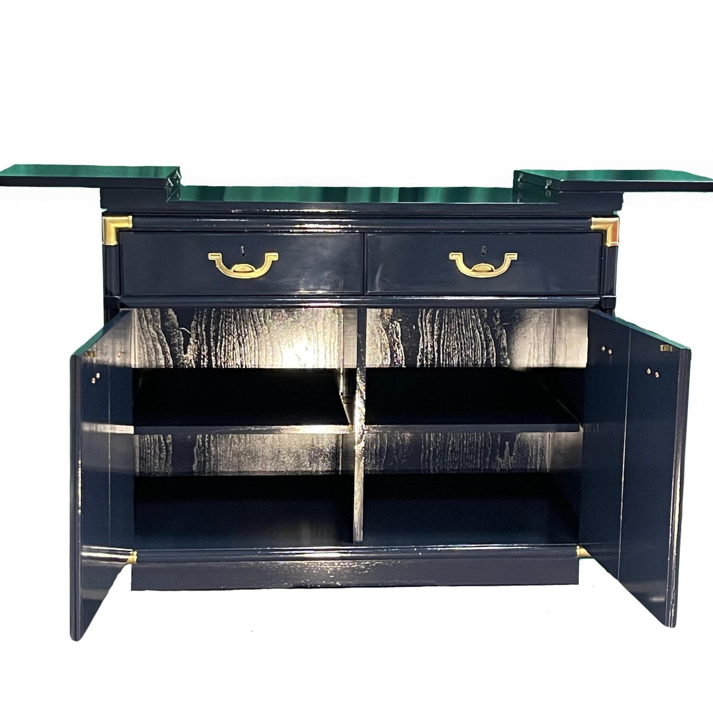 Bennet is a Drexel flip top bar, lacquered in dark navy. A dry bar ready for the main event. Entertaining storage. - Casey Grace Studio, LLC