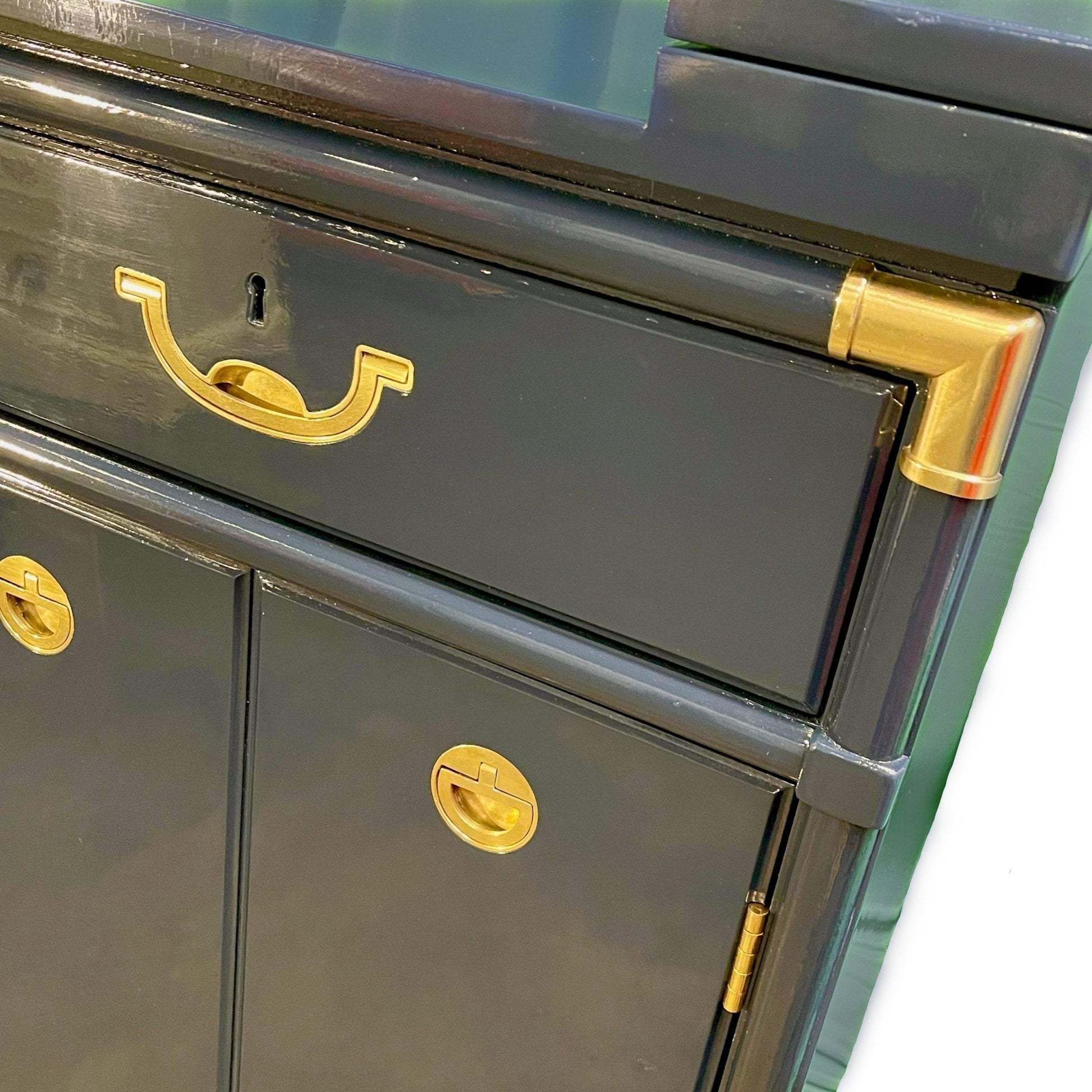 Bennet is a Drexel flip top bar, lacquered in dark navy. A dry bar ready for the main event. Entertaining storage. - Casey Grace Studio, LLC