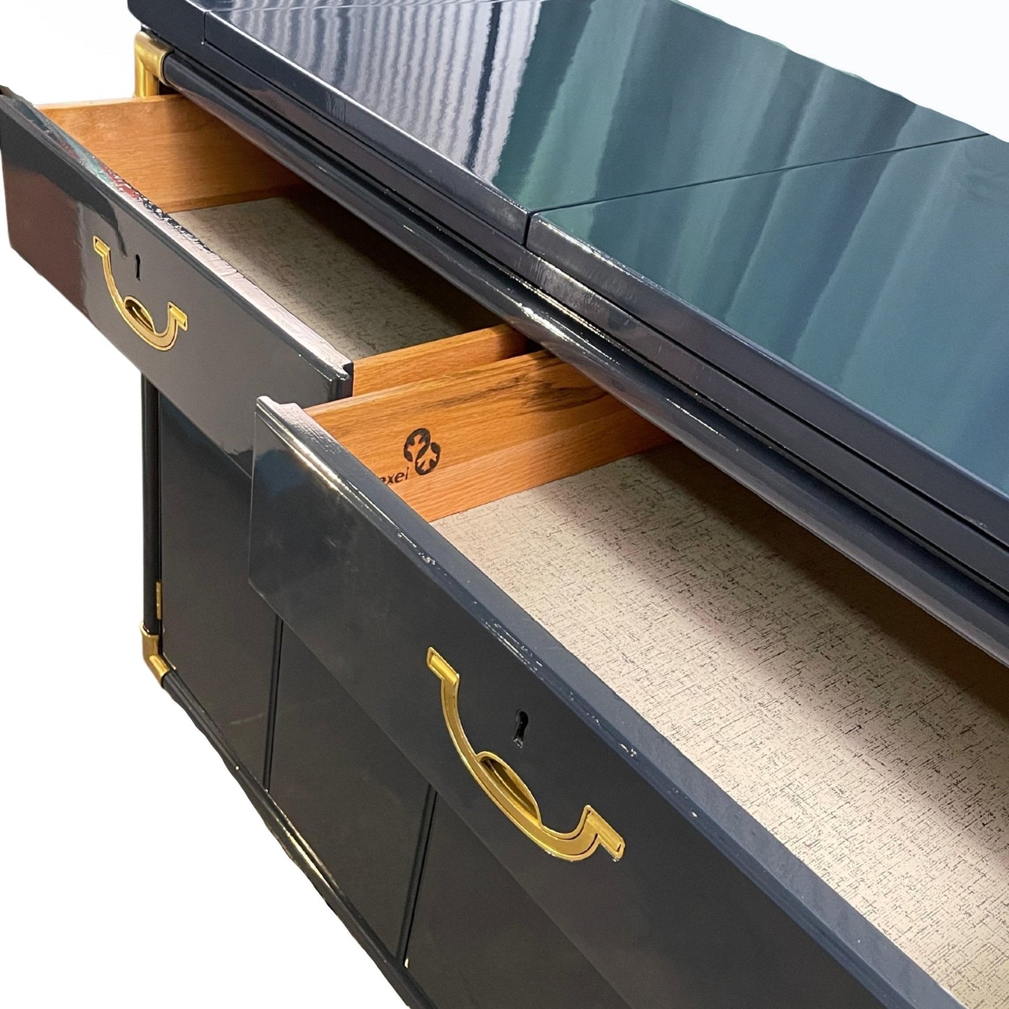 Bennet is a Drexel flip top bar, lacquered in dark navy. A dry bar ready for the main event. Entertaining storage. - Casey Grace Studio, LLC