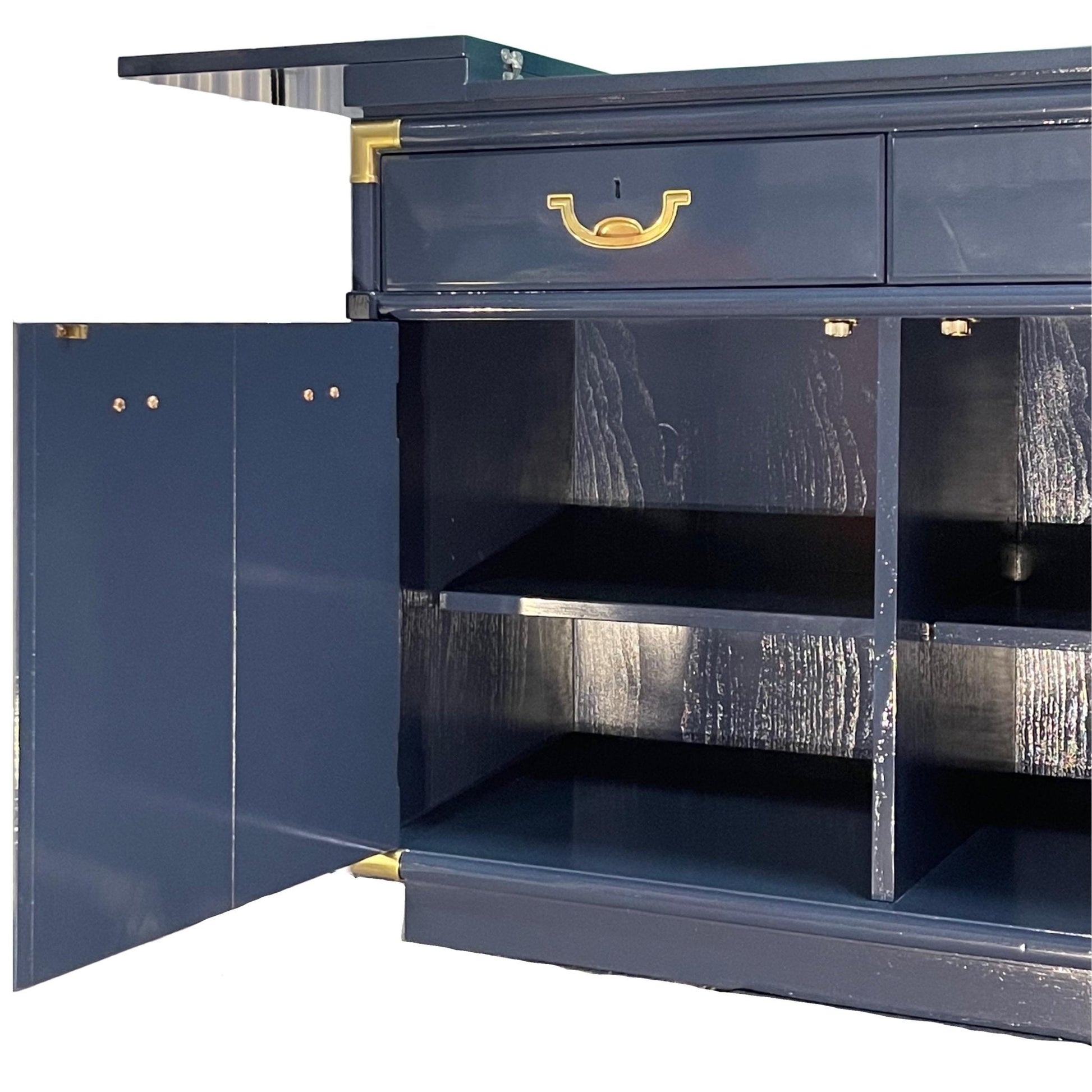 Bennet is a Drexel flip top bar, lacquered in dark navy. A dry bar ready for the main event. Entertaining storage. - Casey Grace Studio, LLC