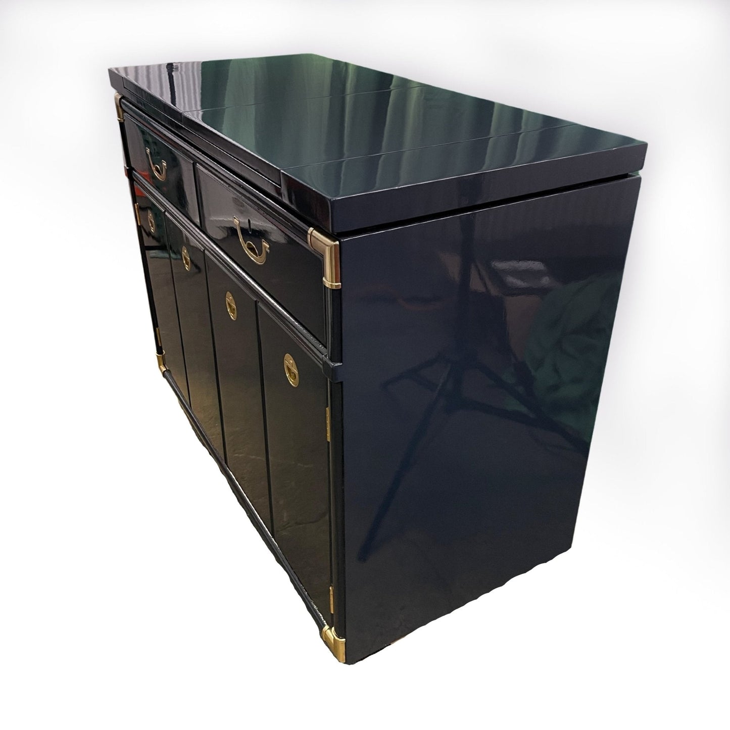 Bennet is a Drexel flip top bar, lacquered in dark navy. A dry bar ready for the main event. Entertaining storage. - Casey Grace Studio, LLC