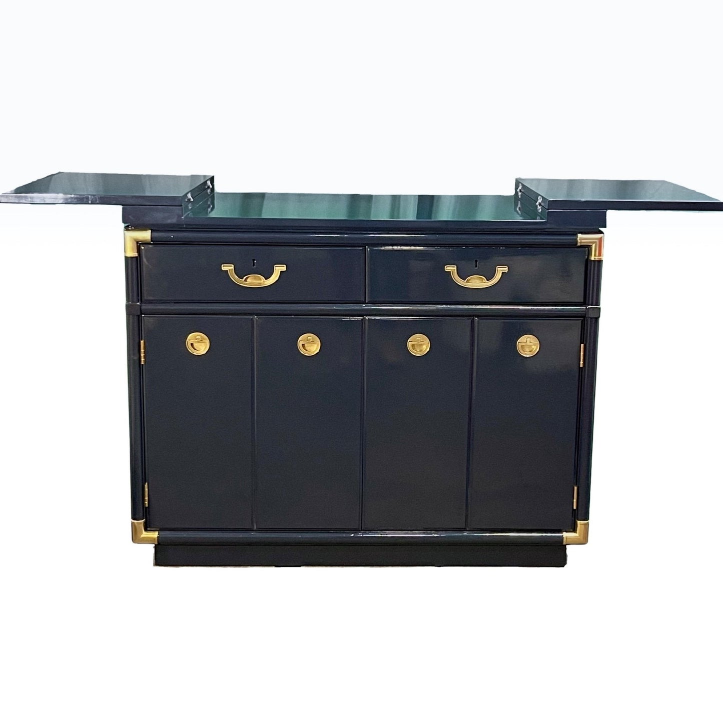 Bennet is a Drexel flip top bar, lacquered in dark navy. A dry bar ready for the main event. Entertaining storage. - Casey Grace Studio, LLC