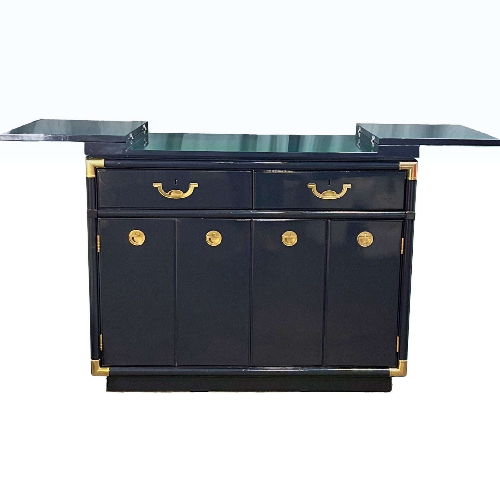 Bennet is a Drexel flip top bar, lacquered in dark navy. A dry bar ready for the main event. Entertaining storage. - Casey Grace Studio, LLC
