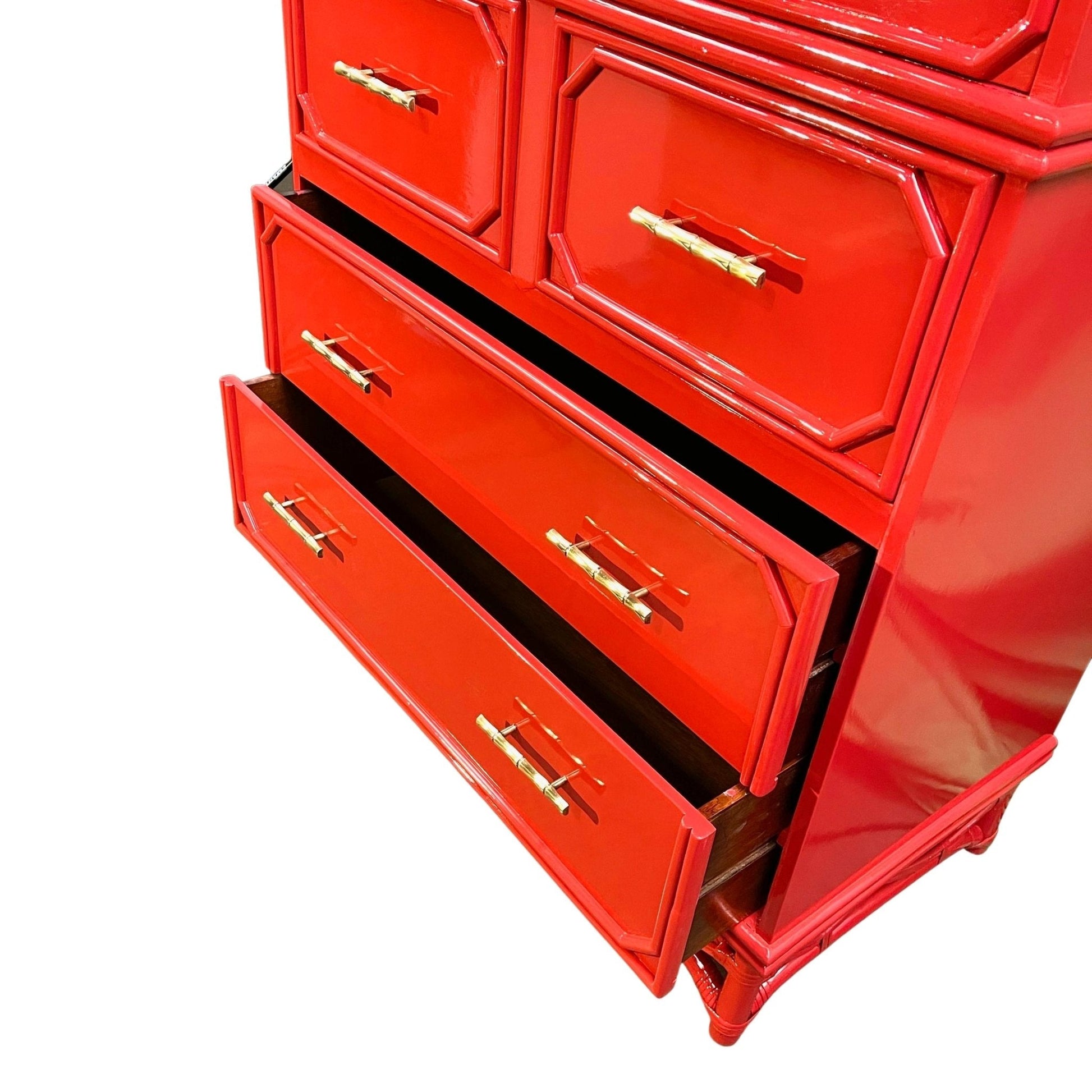 Candice / Dressers / HIghboys lacquered red and finished in high gloss. Custom lacquer finishing services available. - Casey Grace Studio, LLC