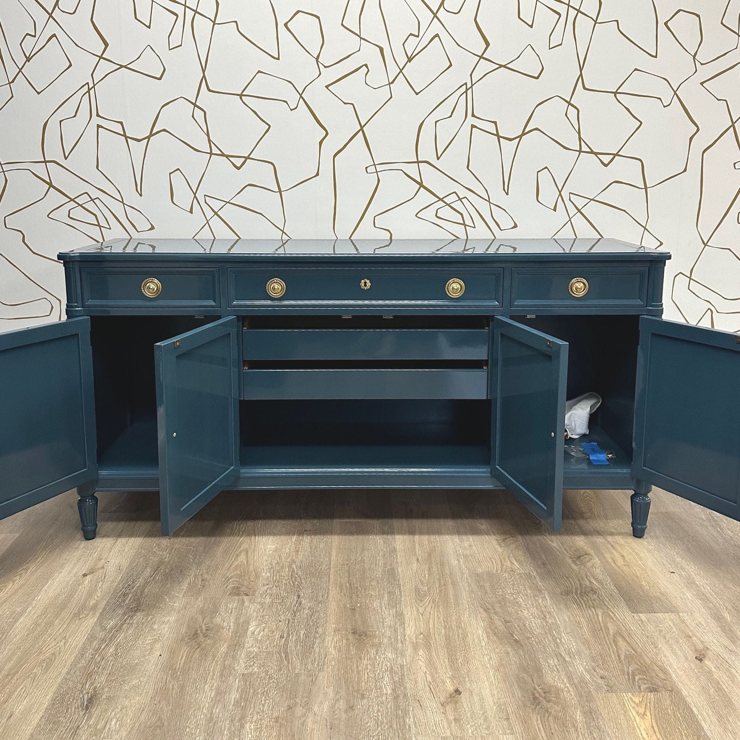 Keegan / Buffets & Sideboards lacquered Drexel in Hague Blue high gloss finish. Custom lacquer finishing services available. - Casey Grace Studio, LLC