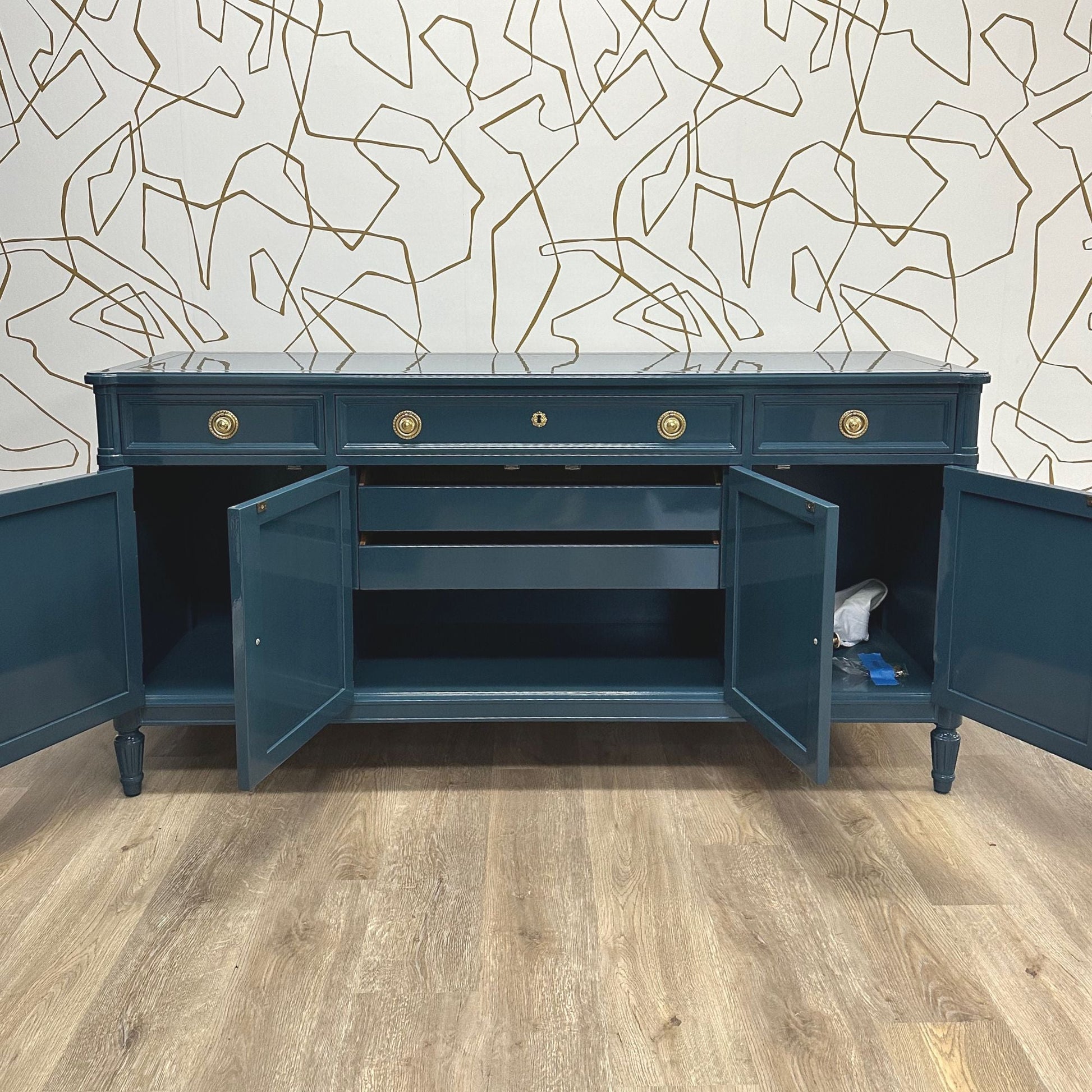 Keegan / Buffets & Sideboards lacquered Drexel in Hague Blue high gloss finish. Custom lacquer finishing services available. - Casey Grace Studio, LLC
