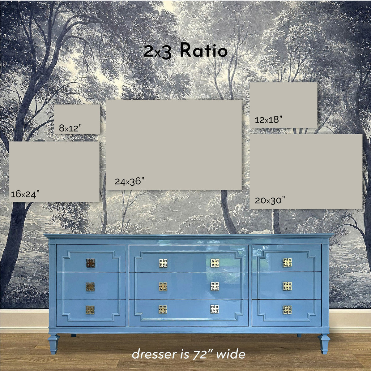 Size guide for Impressionist Coastal Beach art print in the 2x3 ratio, shown above real furniture