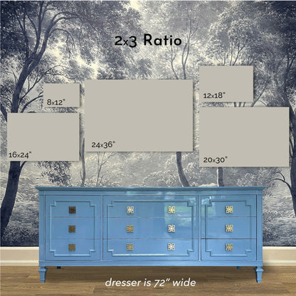 Size guide for Pond in Sunlight art print in the 2x3 ratio, shown above real furniture
