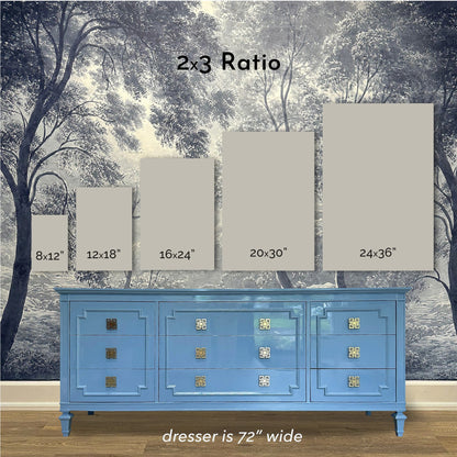 Size guide for Paul Klee Abstract Figure art print in the 2x3 ratio, shown above real furniture