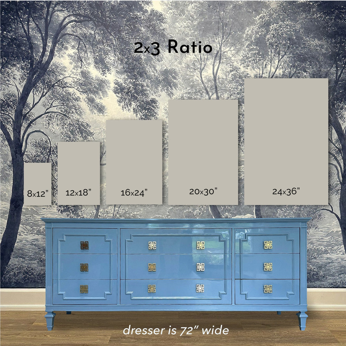 Size guide for Botanical Tulip 22 art print in the 2x3 ratio, shown above real furniture