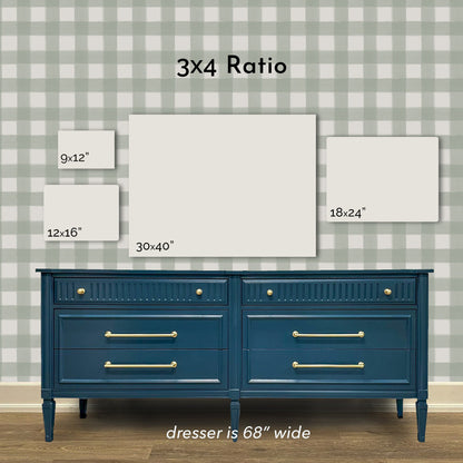 Size guide for Chinoiserie Platter art print in the 3x4 ratio, shown above real furniture