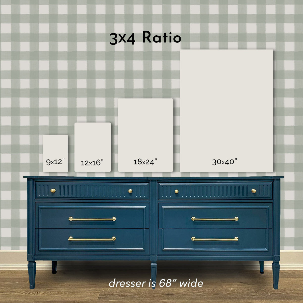 Size guide for White Roses and French Town art prints in the 3x4 ratio, shown above real furniture