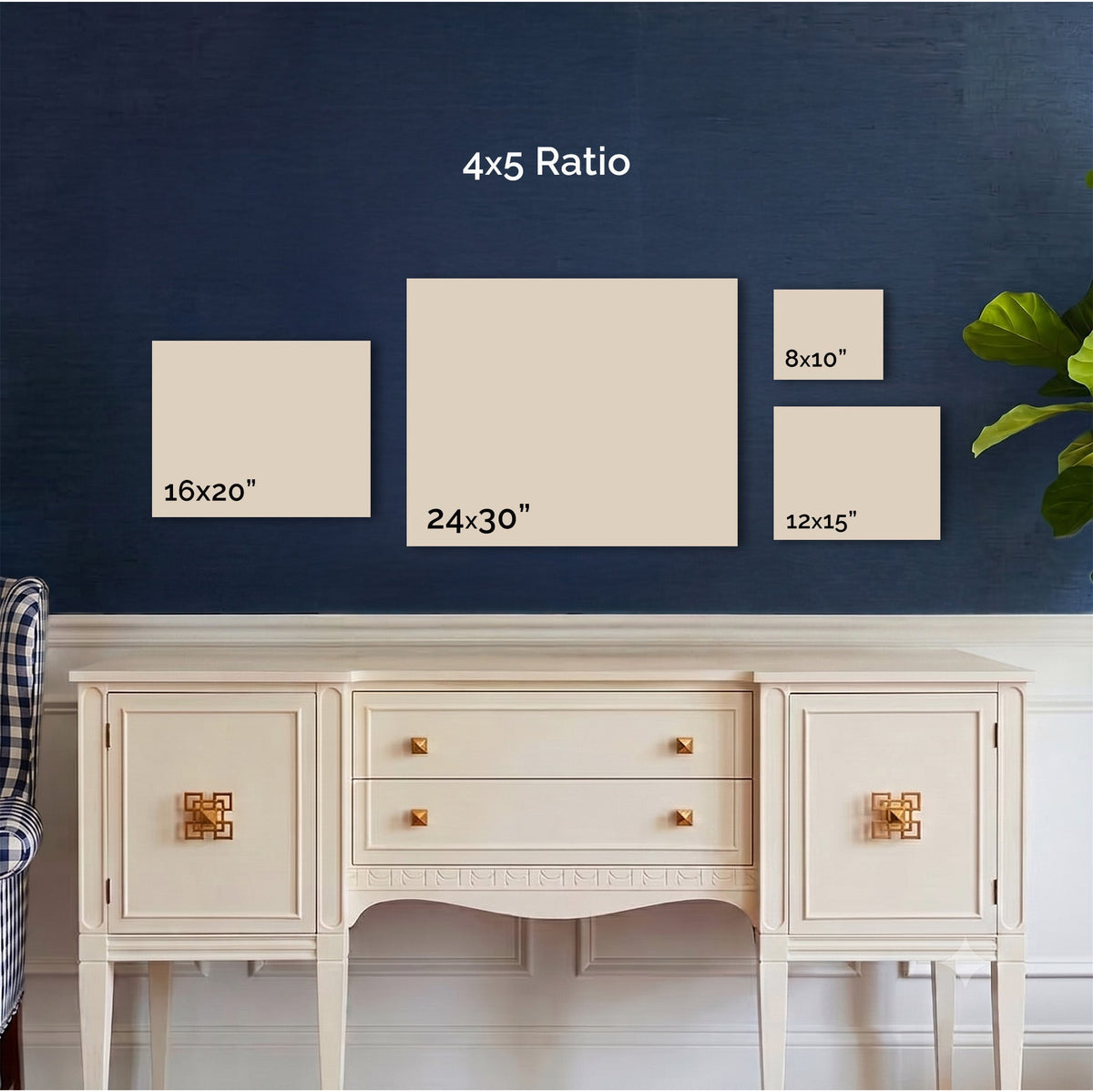 Size guide for Capri Landscape art print in the 4x5 ratio, shown above real furniture