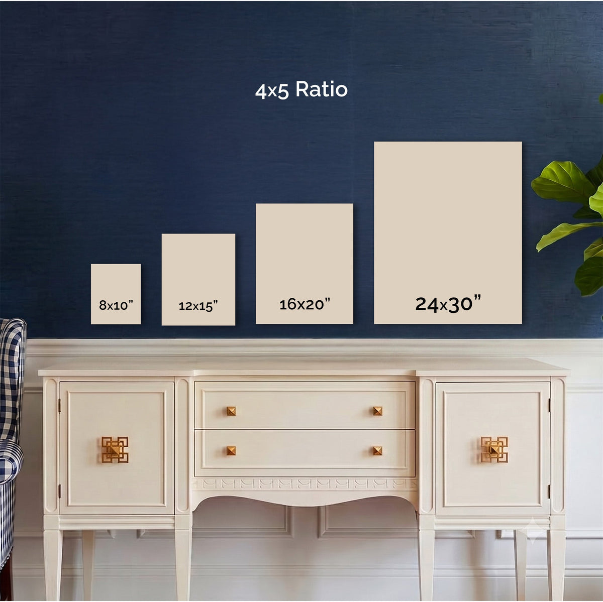 Size guide for Berlin Street art print in the 4x5 ratio, shown above real furniture