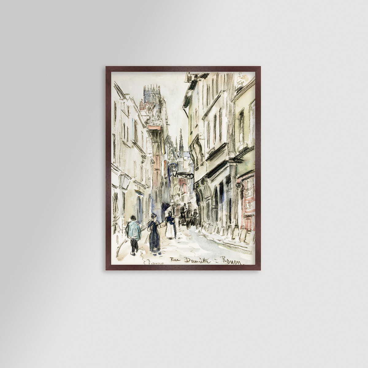 French Town art print in a slim walnut frame