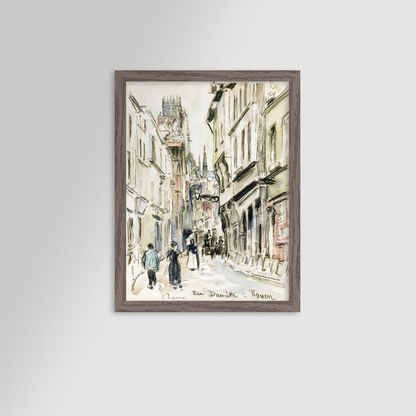 French Town art print in a wide dark grey frame