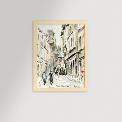French Town art print in a wide maple frame