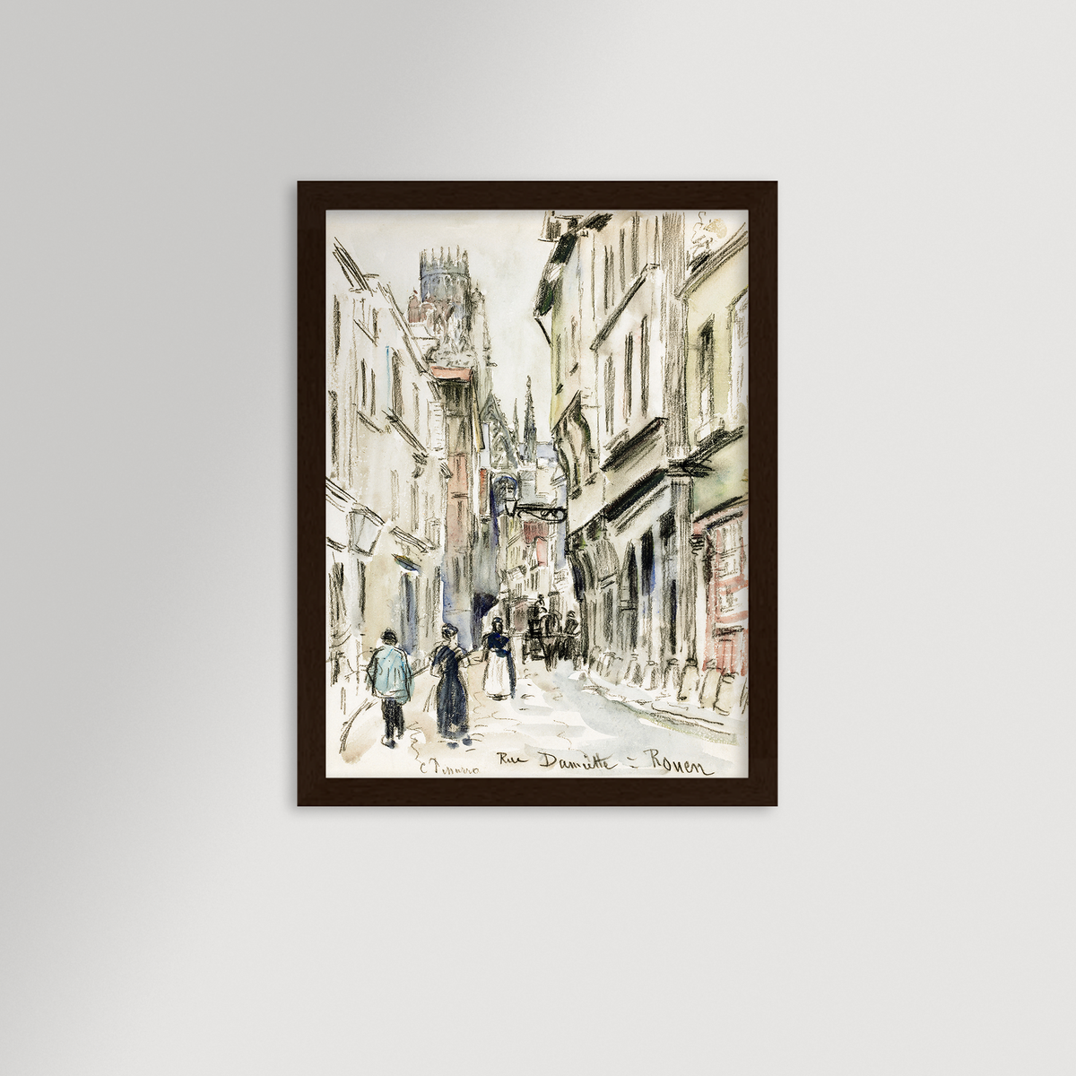 French Town art print in a wide walnut frame